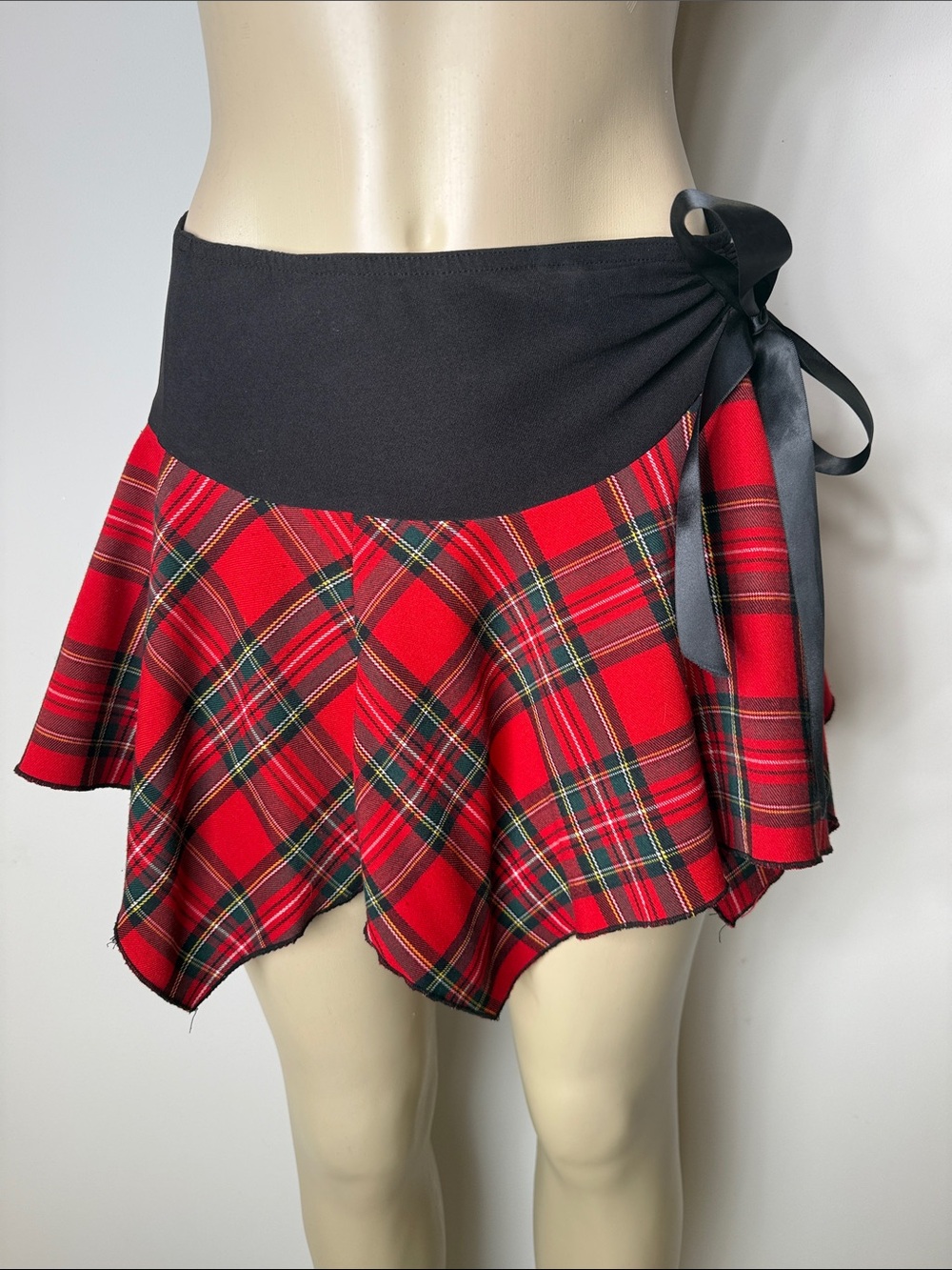 Valia Red Tartan Circle Skirt with Black Waist Ribbon